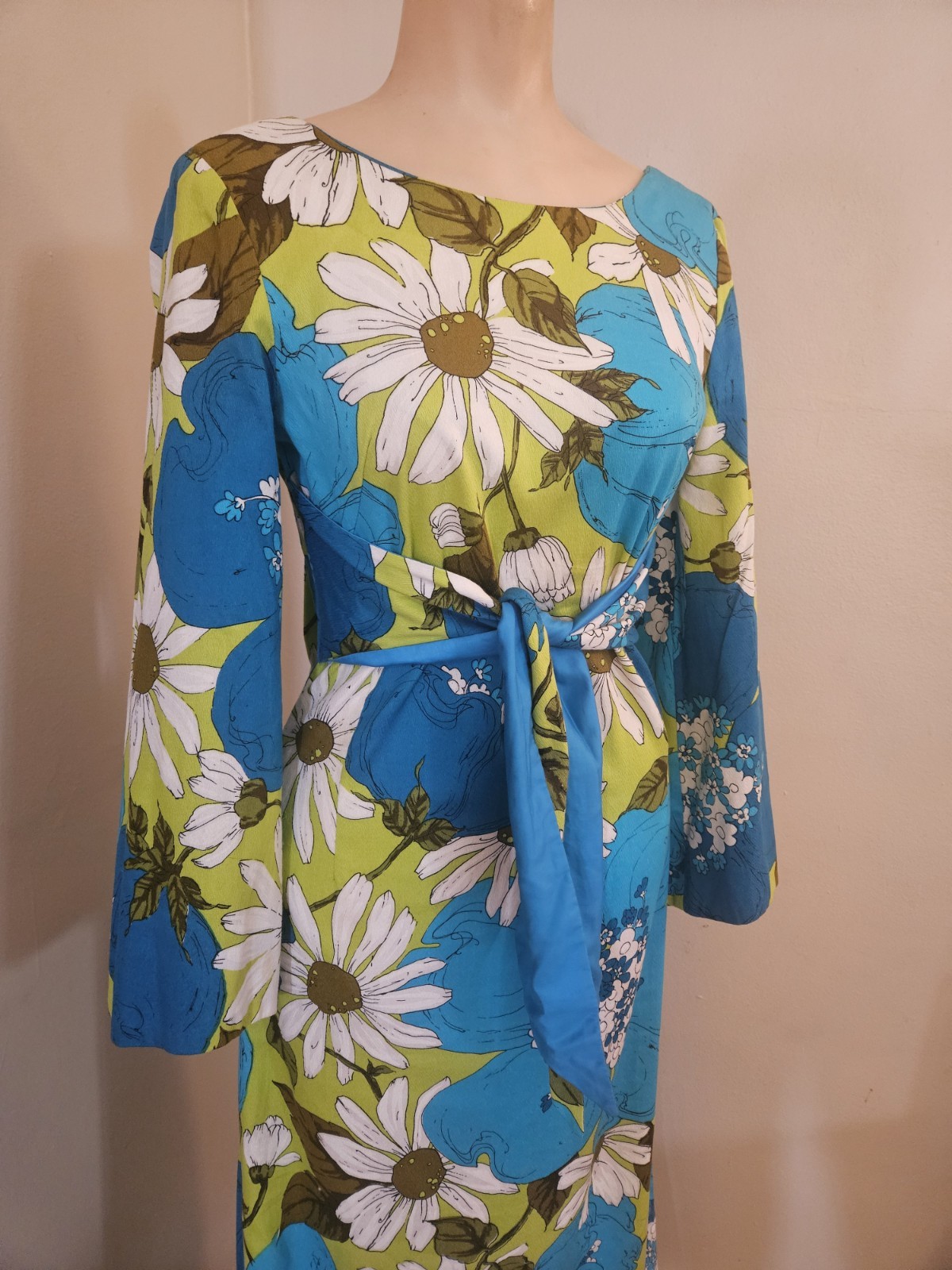 Vtg Alice Polynesian Hawaiian Hostess Dress Barkcloth Flower Power Daisy Blue