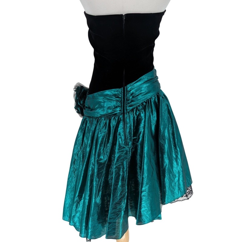 Vintage 80s Strapless Prom Dresses Teal Black Velvet Metallic Bow Glam Gowns