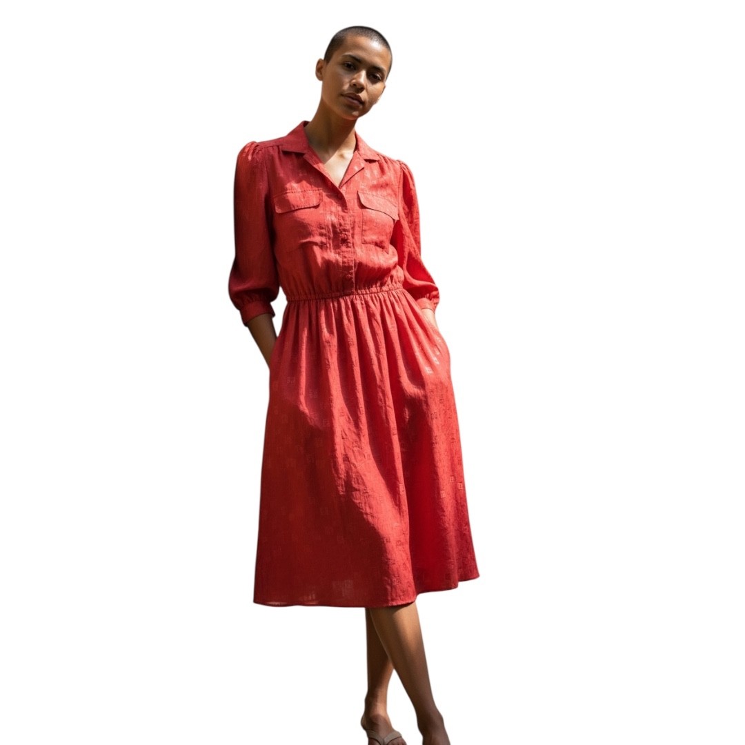 Vintage Sabino women’s red dress 3/4 length sleeves ,collar, button down front