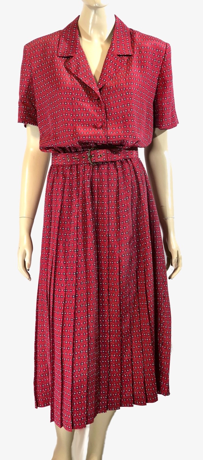 Vtg 80s Leslie Fay Rockabilly Secretary Belted Pleated Dress Grunge Red 14 L