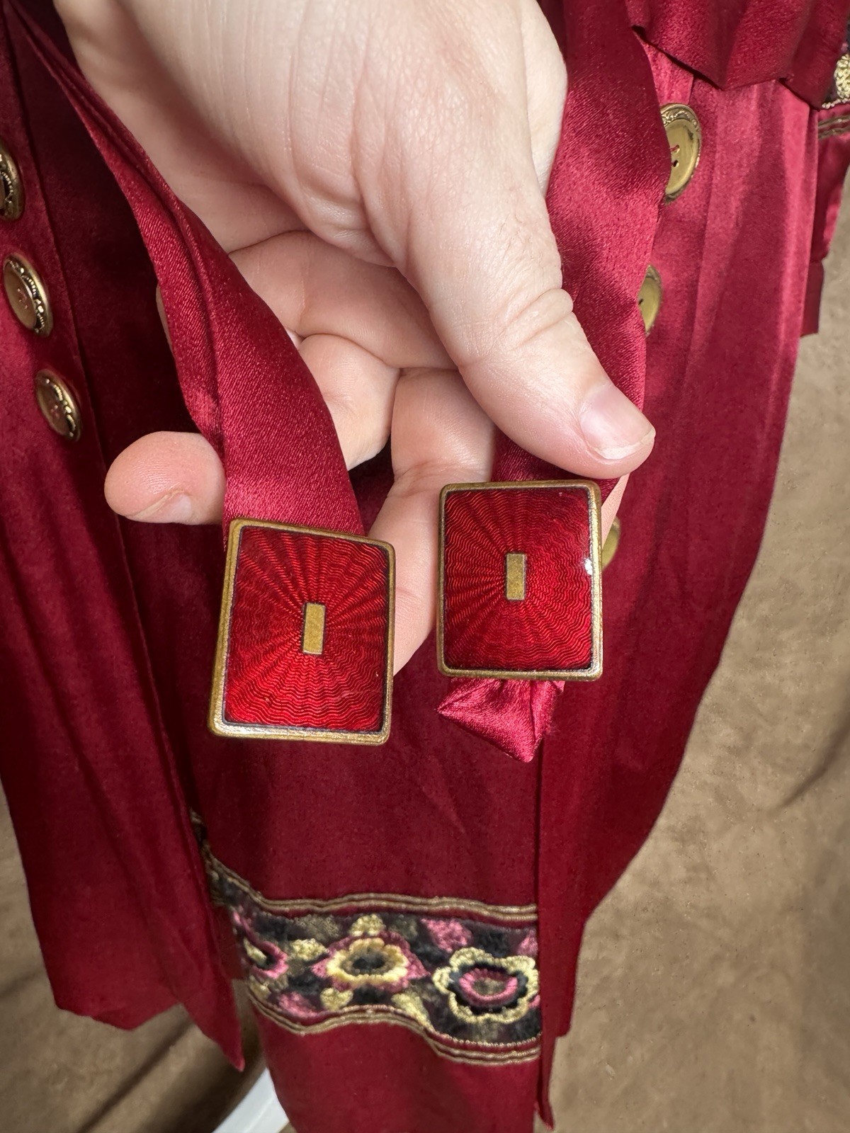 Antique 1910s 1920s Red Satin Dress Embroidered Trim Enamel Buckles Drop Waist