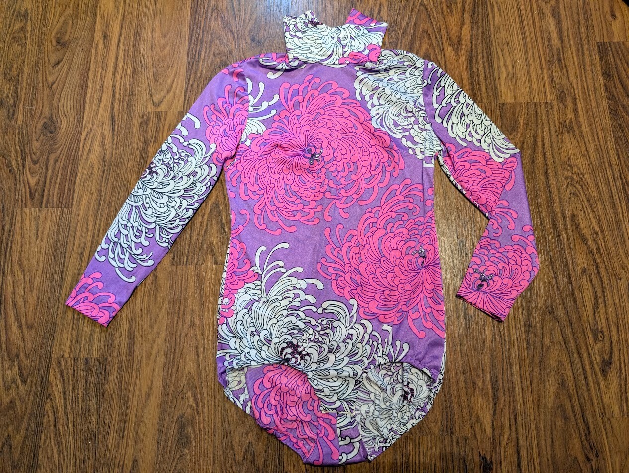 VTG 60S/70S BODYSUIT S leotard onepiece top purple pink crysanthemum mod gogo 4E