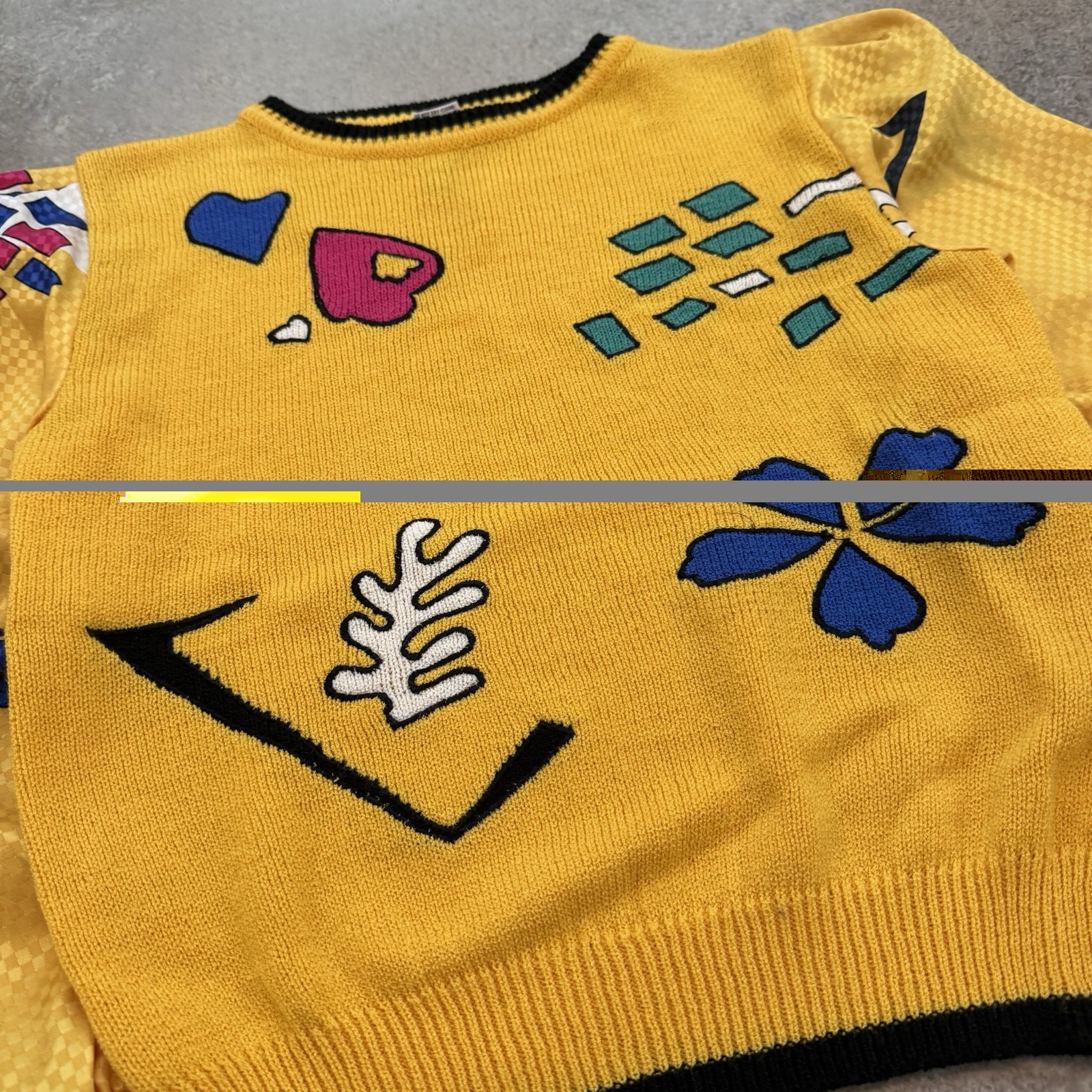 Vintage 80s Jaymee Papell Geometric Sweater Medium Yellow Funky Art Teacher 1980
