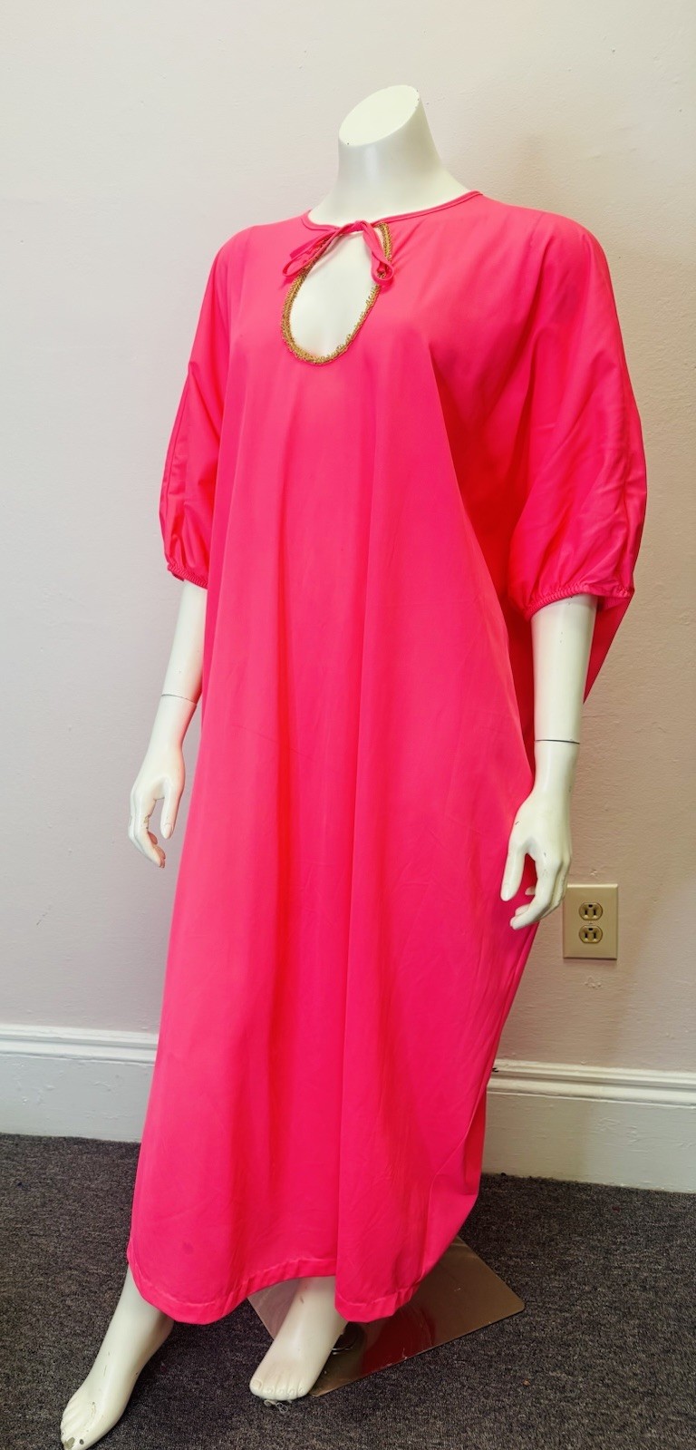 Vintage 60’s 70’s Hostess Caftan Nightgown Nylon Day-glo Pink Maxi Dress Onesize