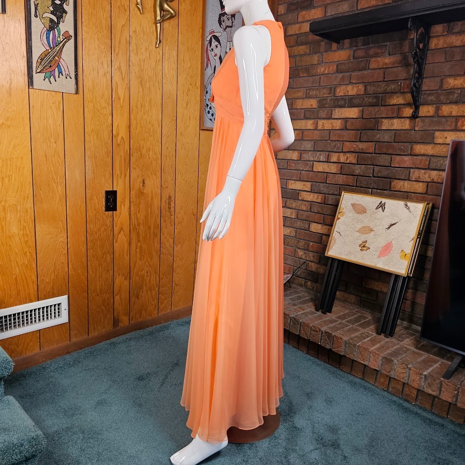 Vtg 70s Peach Chiffon Formal Maxi Dress Rosette Prom Bewitched Party Wedding S