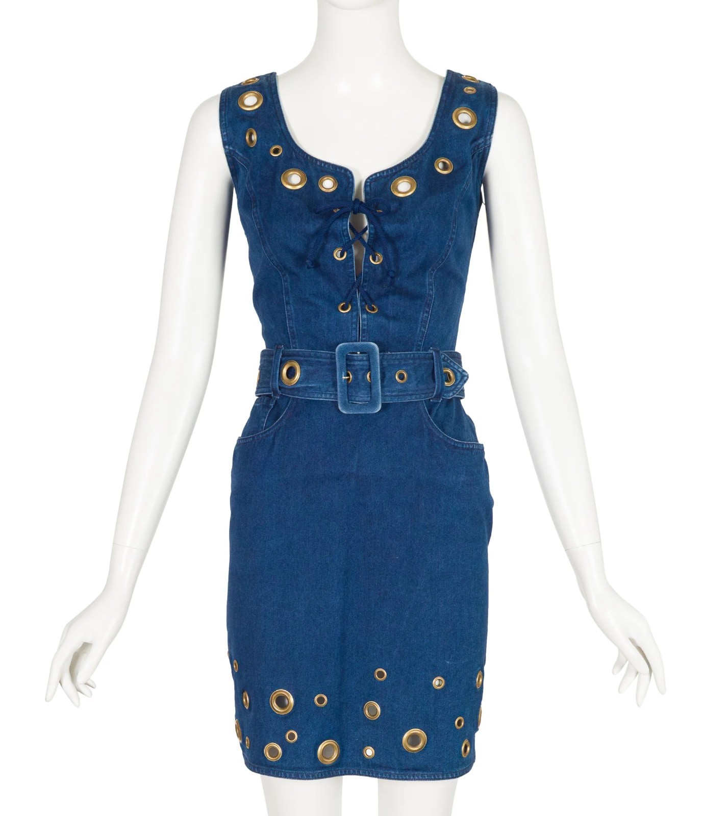 Moschino 1990s Blue Denim Grommet Lace-Up Vintage Sleeveless Dress