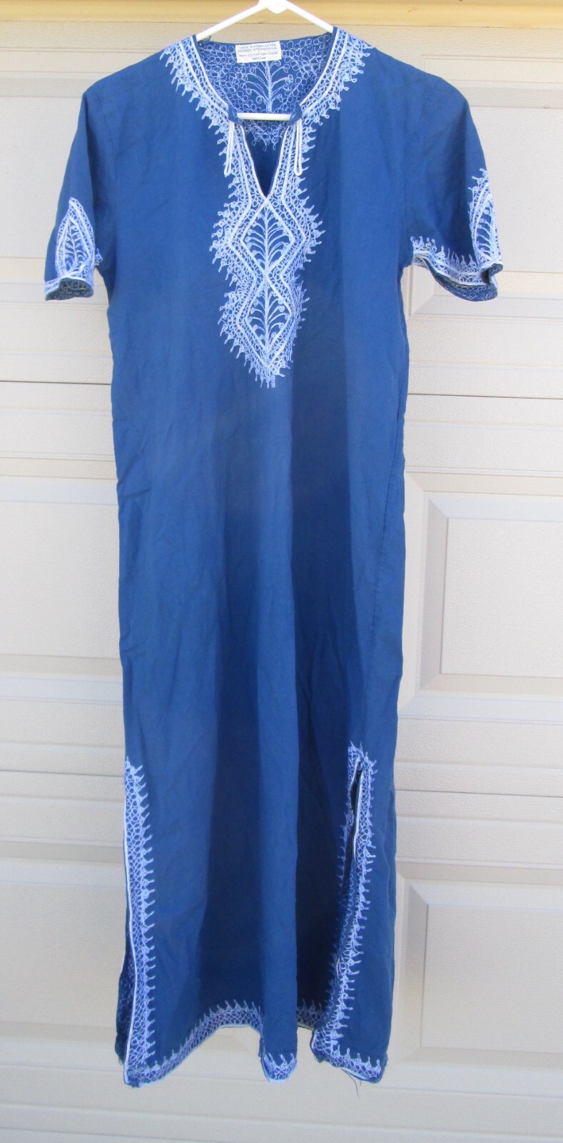 Morocco Caftan Dress Blue White Embroidery Vintage Kaftan Medium