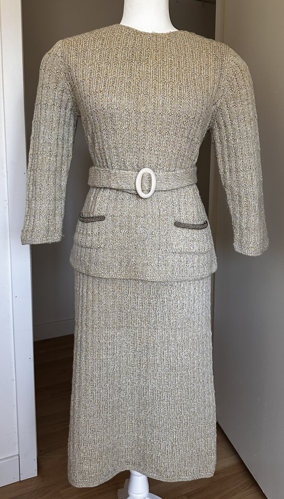 VTG Sweater Skirt Set Sydneys Knit Wool Gold Silver Metallic Stretch 1960s Rare