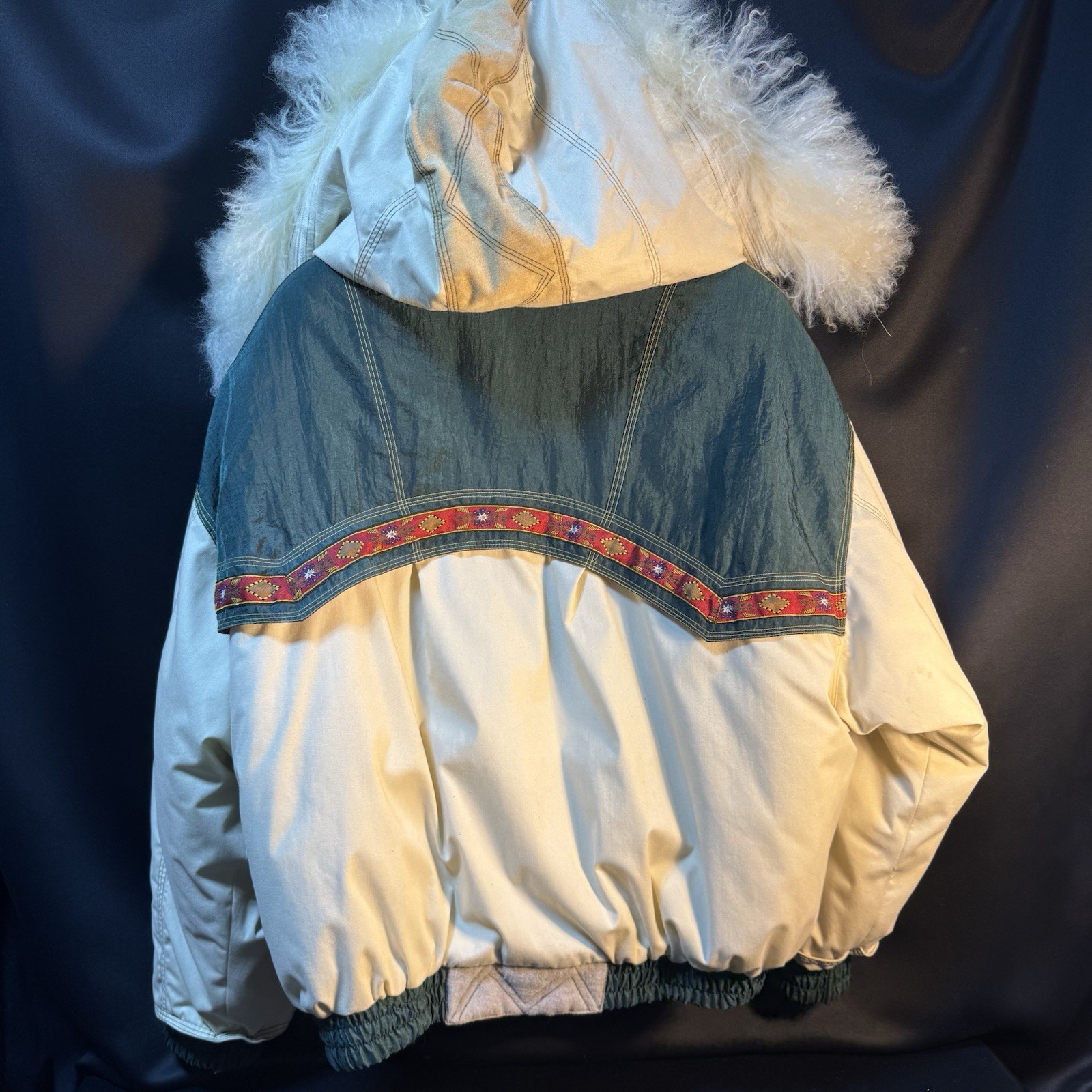 Vintage National Park J.Gallery Colorful Bomber Jacket Mongolian Lamb Fur Trim L