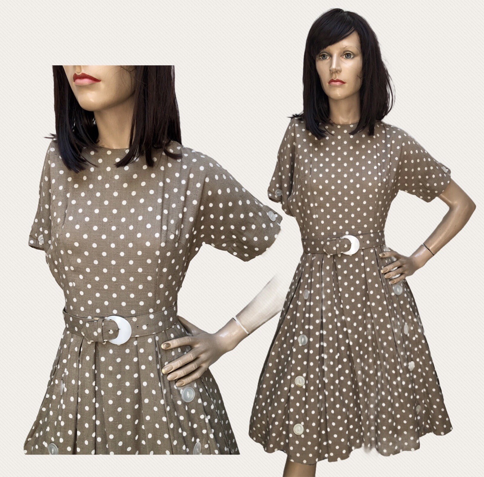 VTG 40s-50s „Lora Lenox” Slubbed Linen POLKA DOT Shirtwaist Rockabilly Dress XXS