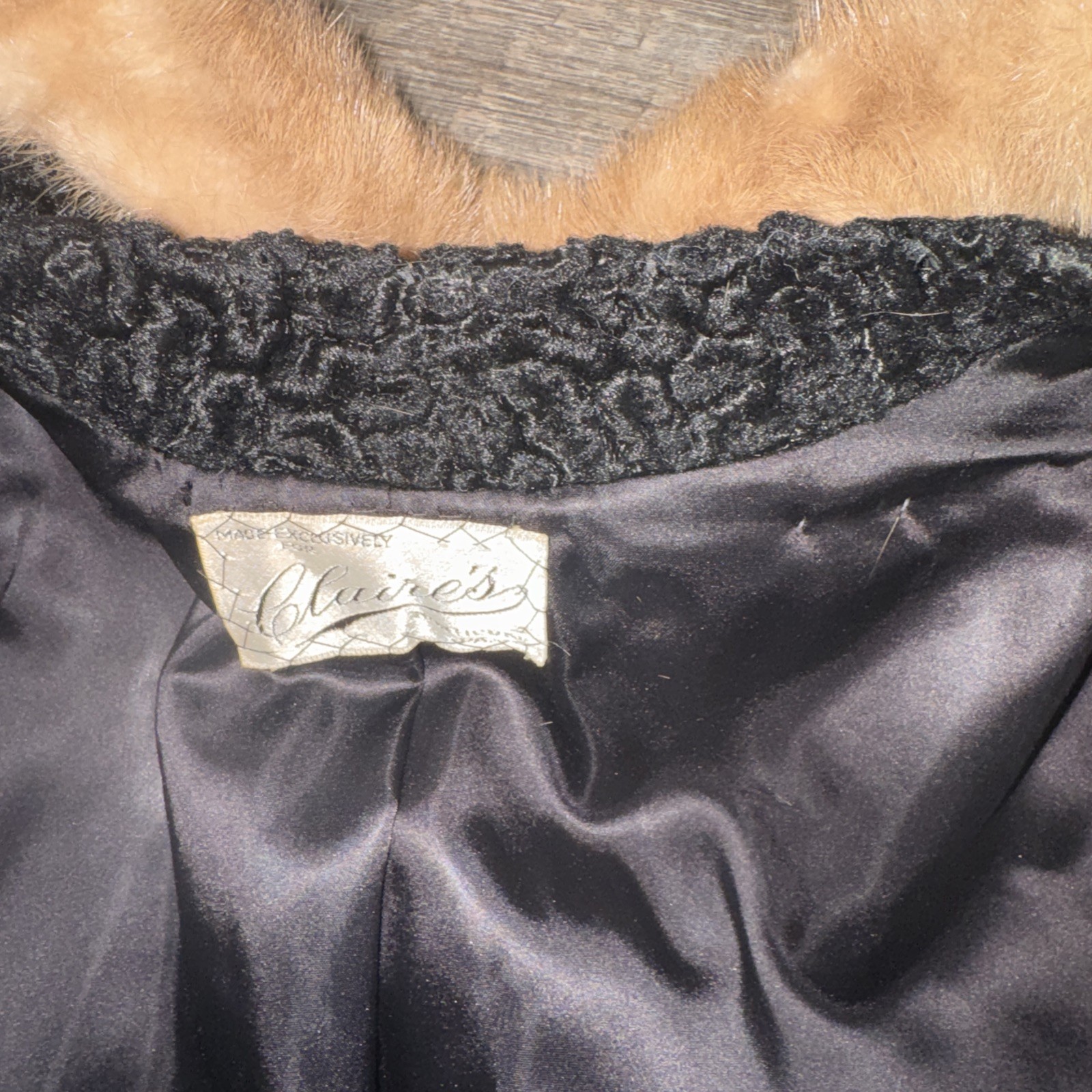 Vtg 50’s Astrakin Black Curly Persian Lamb Wool Swing Coat Mink Collar France L