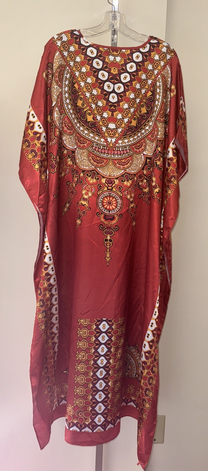 Womens OSFM Long Satin Gown Rust Brown Vintage ASHRO Kaftan Robe