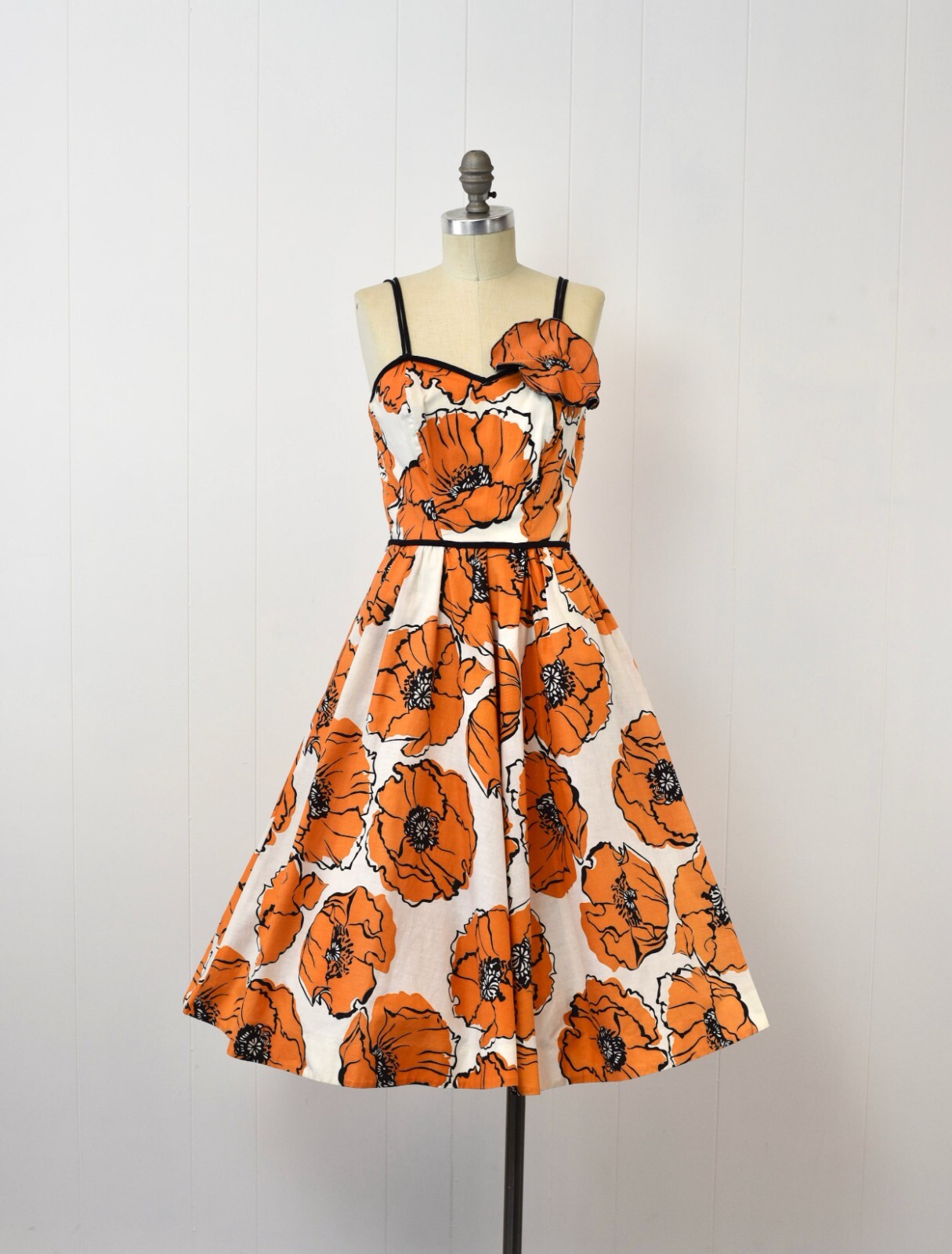 1950s Orange Poppy Floral Novelty Print Serbin of Miami 3D Flower Cotton Dress
