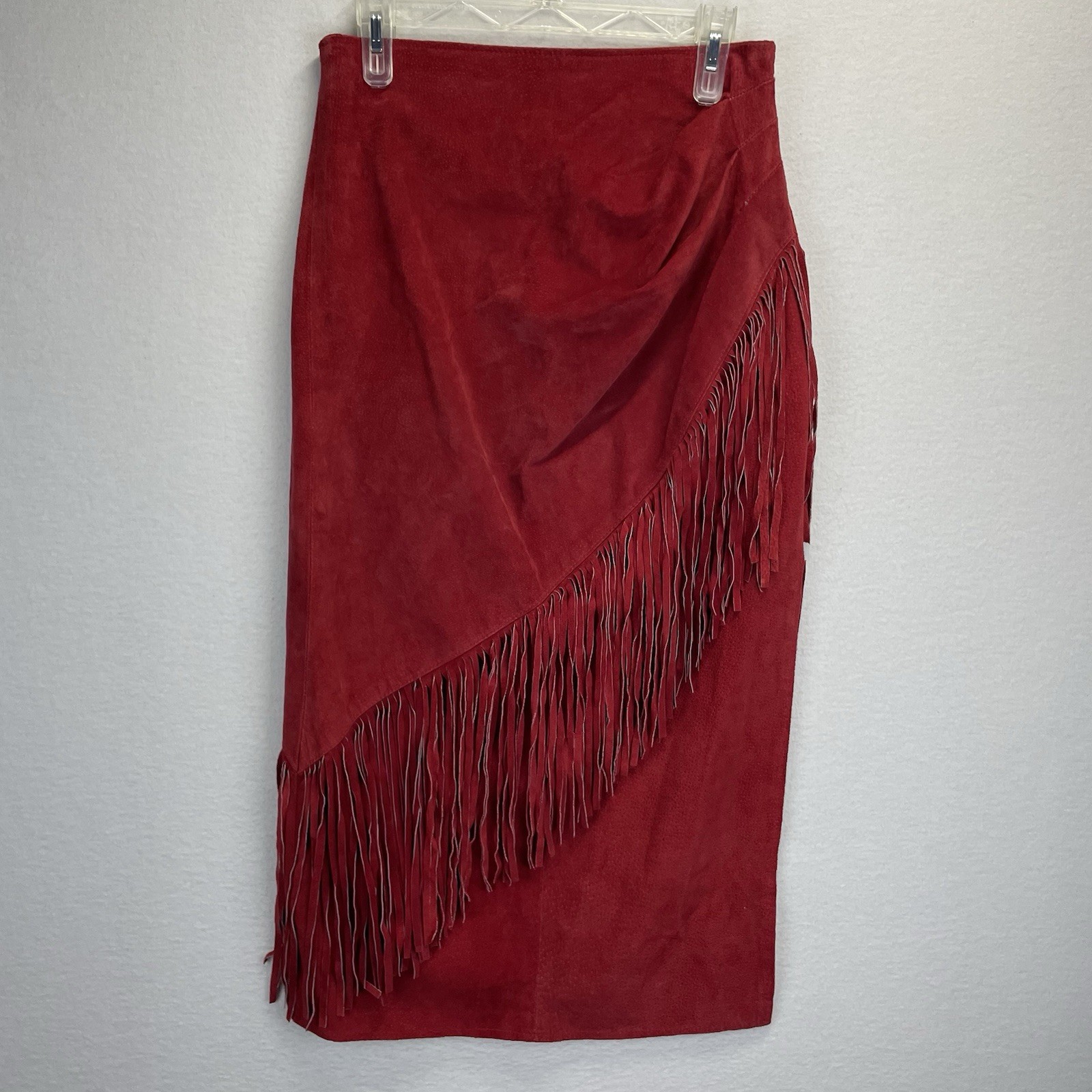 Vintage USA Red Leather Midi Skirt Fringe 80s S&U Fashions Retro Western Sz 6-8