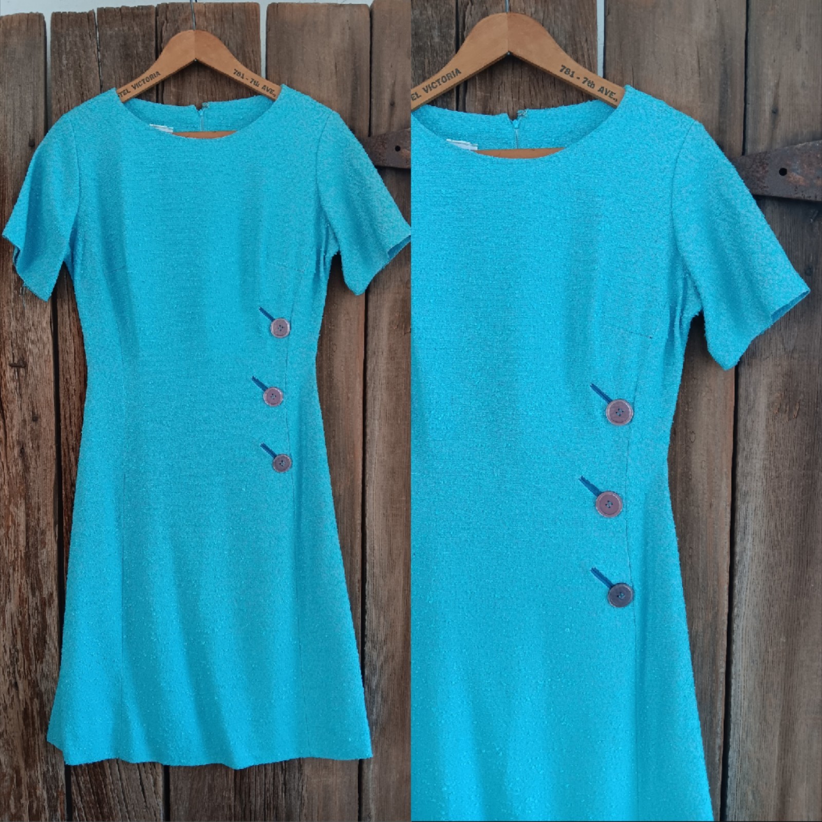 Vintage 60s 70s Parkshire Original Blue Dress Nubby Fabric Faux Button Womens *A