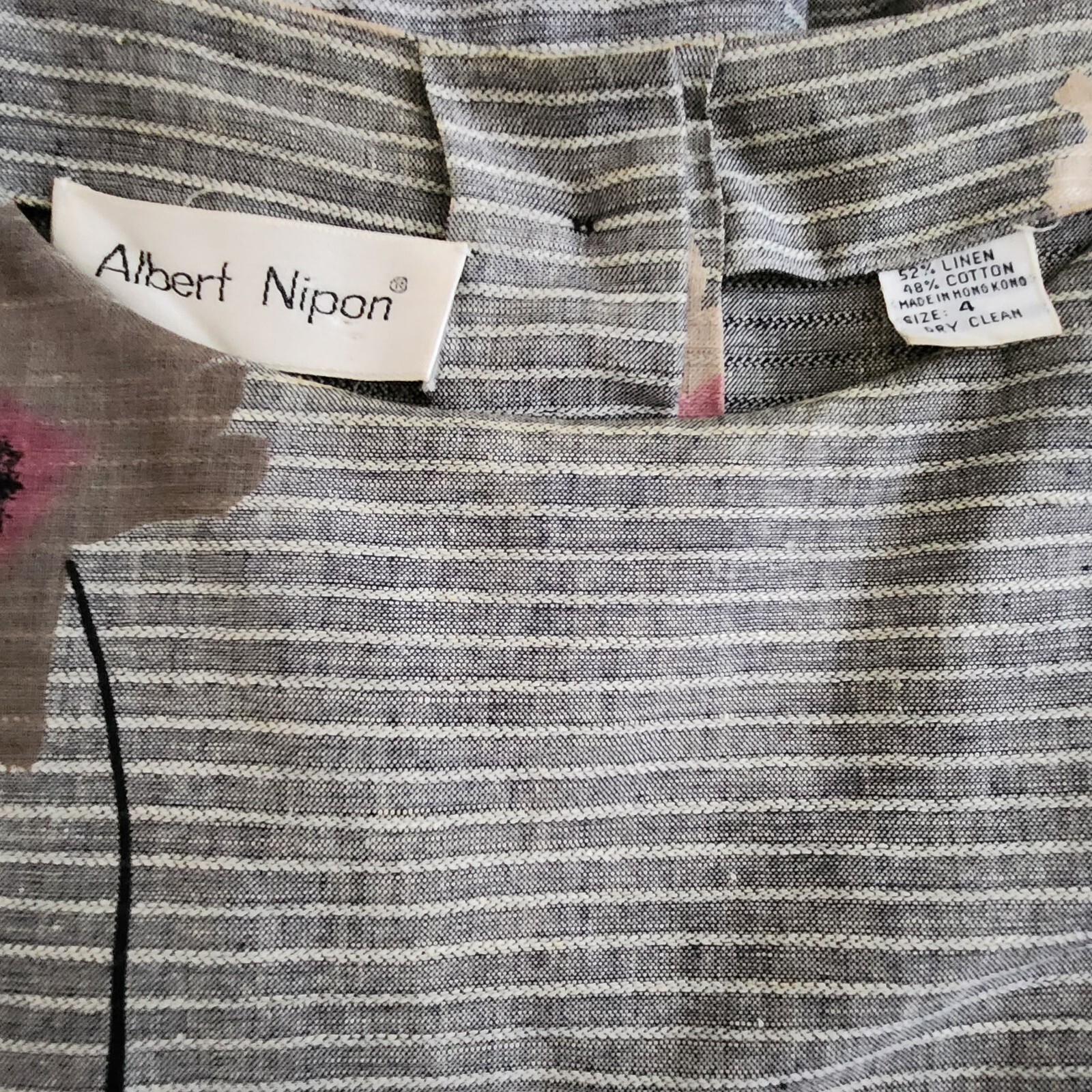 Vintage Albert Nipon Linen Cotton Gray Striped Floral Prints Dress 4 Pockets