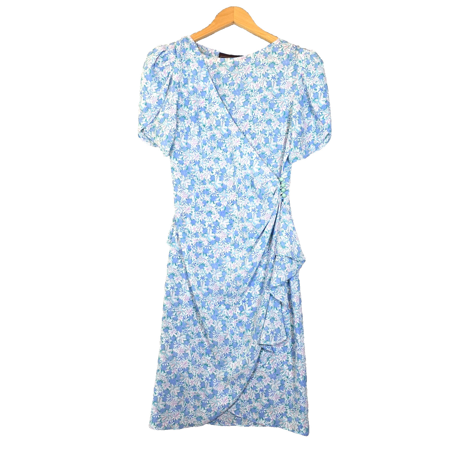 ​Vtg 80s Peplum Blue Floral Wrap Dress Puff Sleeve Ruffles Cottagecore S M USA