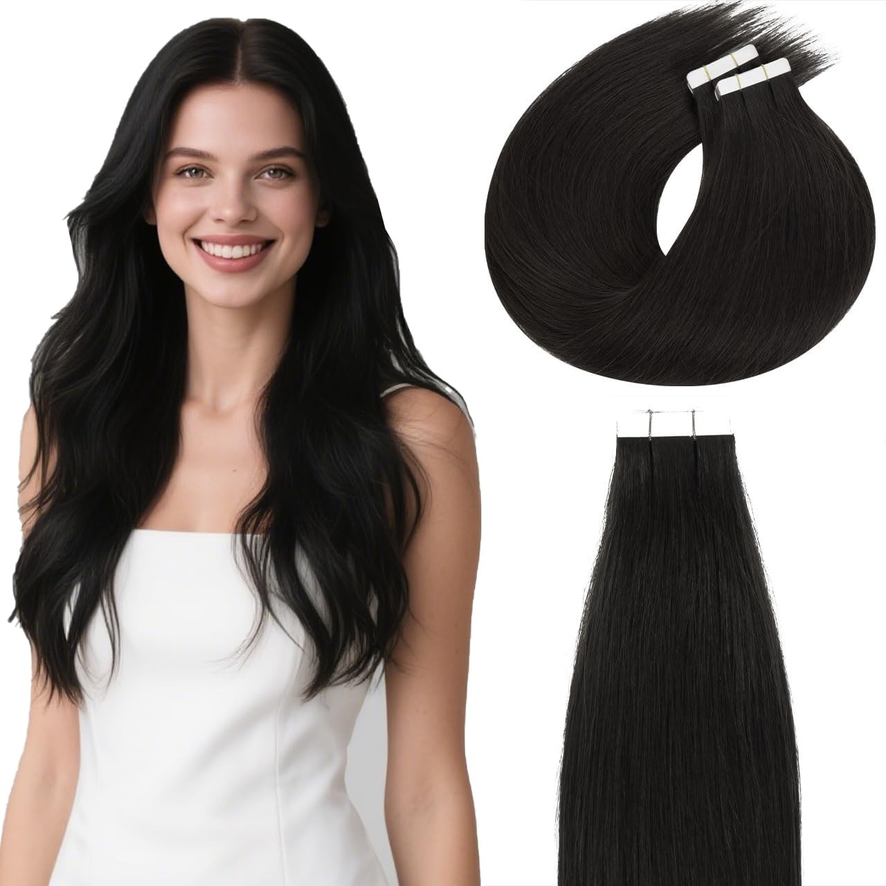 Lacer 20Pcs 50G Real Human Hair Tape in Extensions Natural Black 22 Inches Seaml