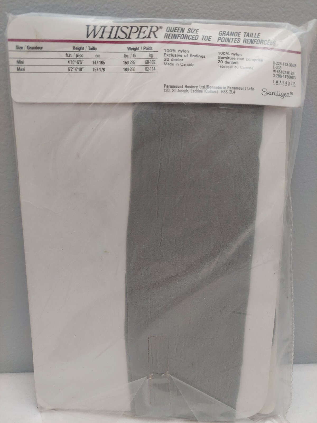 Vintage Pantyhose Whisper Color Dove Grey Size Maxi BWHIS2