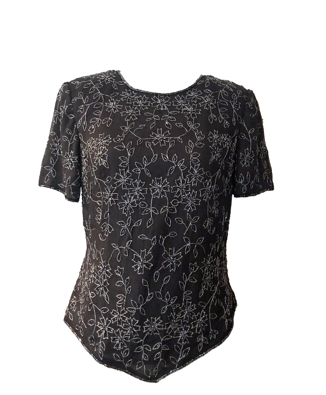 Vtg Andretta Donatello Top Blouse Size M Black Beaded Floral Shirt Evening Party