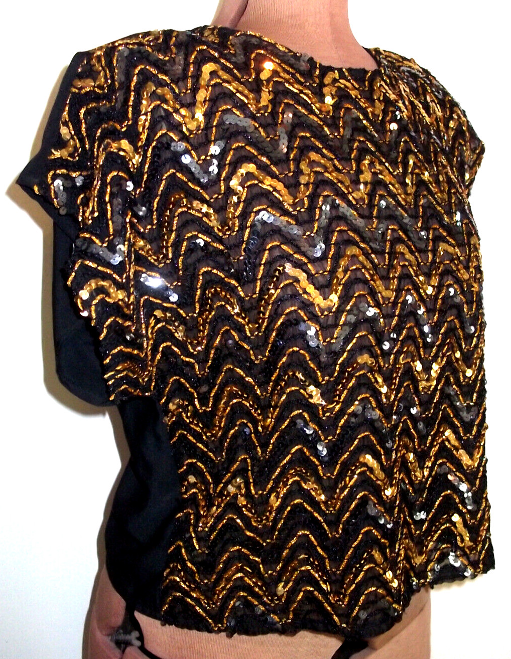 Vtg Black ADAMO Gold SEQUINED Pullover SHORT SLEEVE Evening Cocktail TOP/Size S