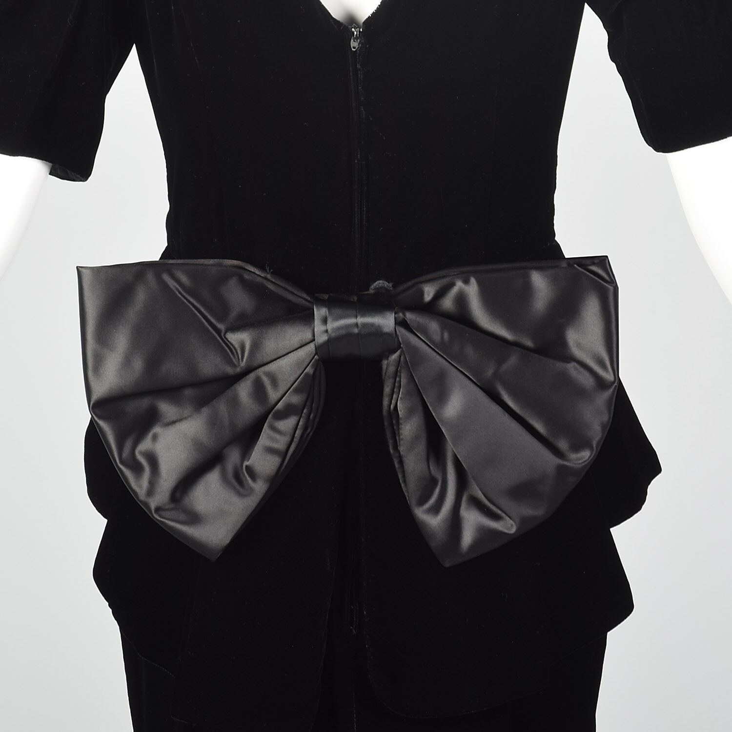 XS 1980s Black Velvet Peplum Dress 80s Does 40s Vintage Puff Sleeve Bow VTG Glam