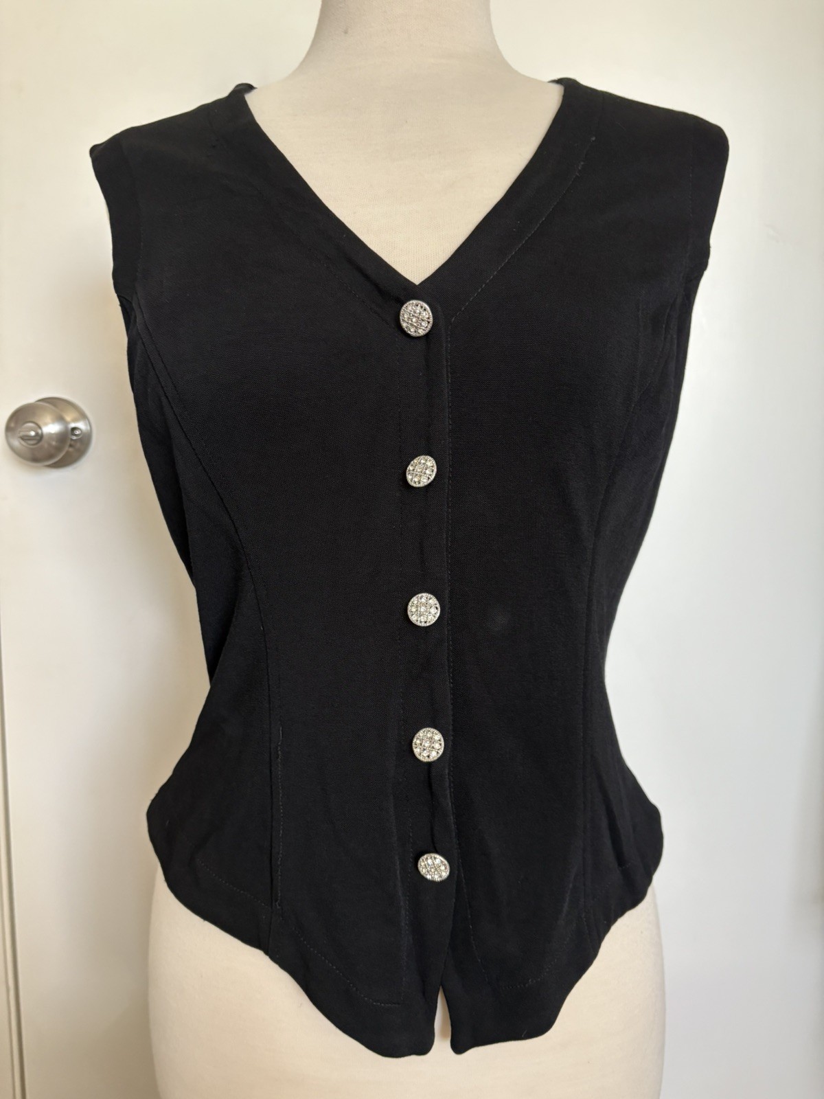 Vintage Tadashi Shoji Black Vest 90s Whimsigoth Evening Wear Rhinestone Snap L