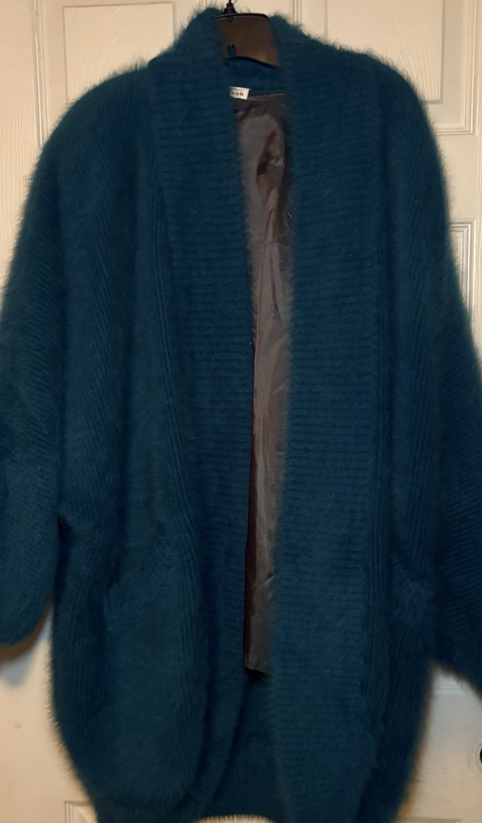 Exclusively MISOOK XL Cocoon Sweater Cardigan Teal Fuzzy Angora Funnel Neck Warm