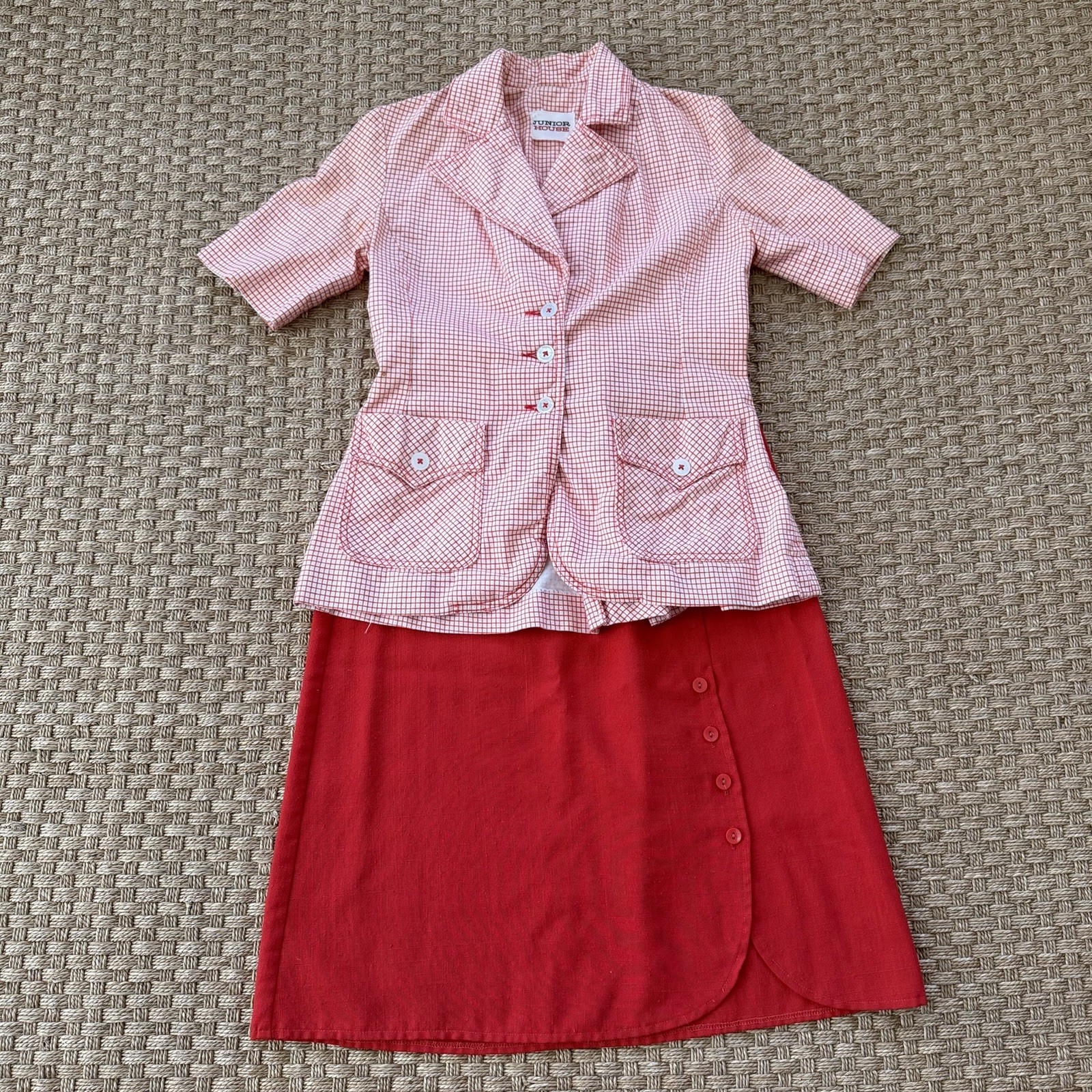 Vintage 1970’s Women’s JUNIOR HOUSE Checkered Blazer & Union Made Red Belt Skirt