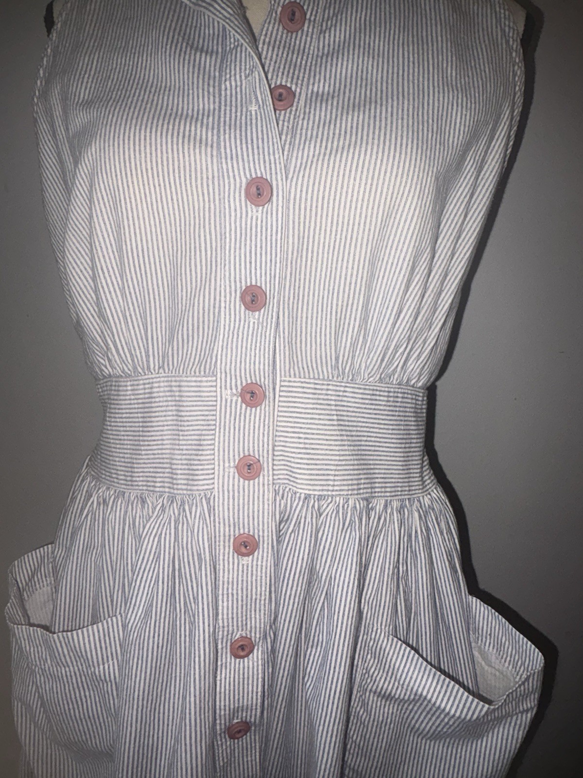 Vtg Virgo II Midi Dress Union Made Cotton Pockets Sleeveless Button Front 10