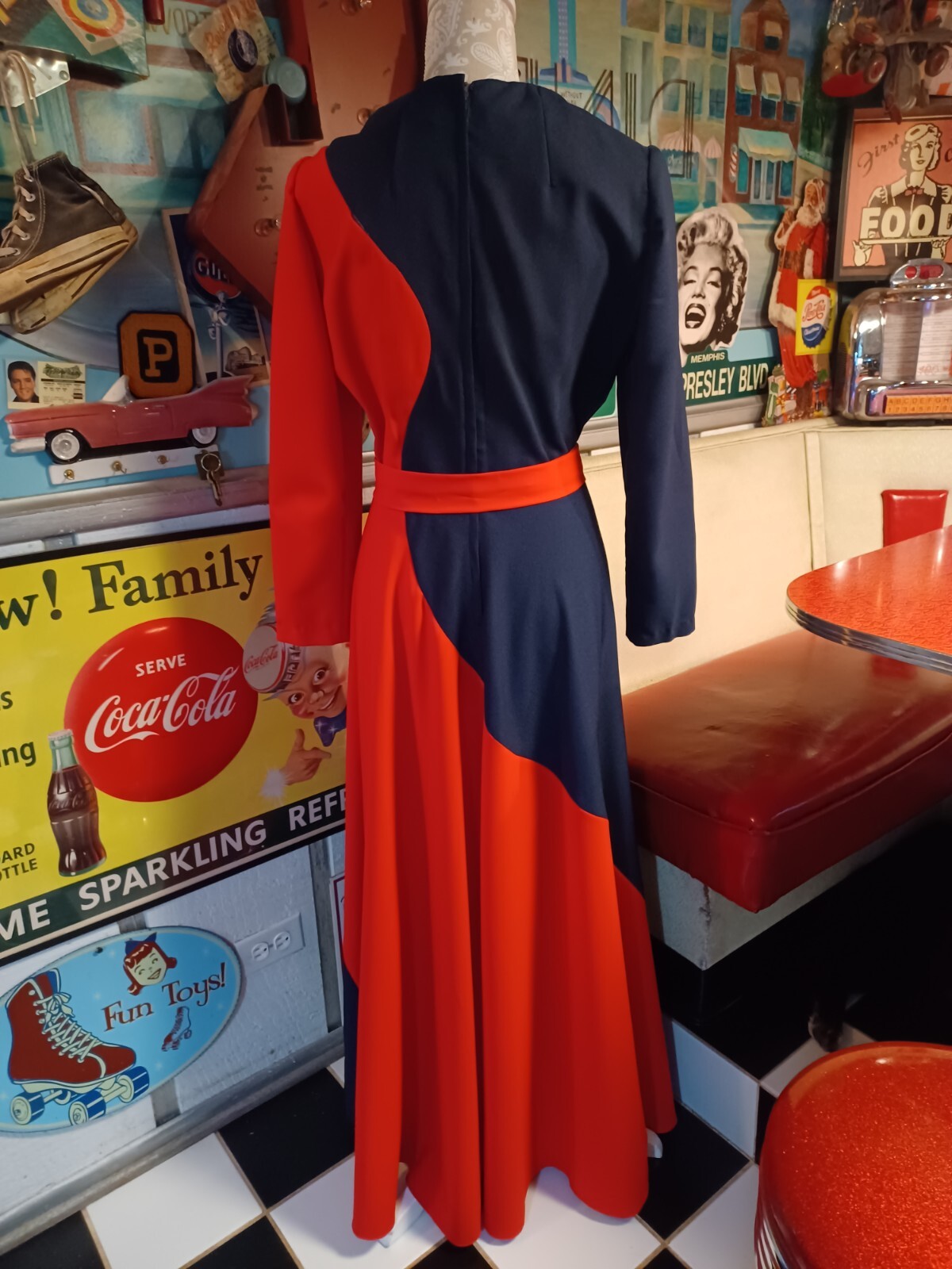 True Vtg Mid-century 1970s Polyester Asymmetrical Long Maxi Dress Mod MCM Groovy