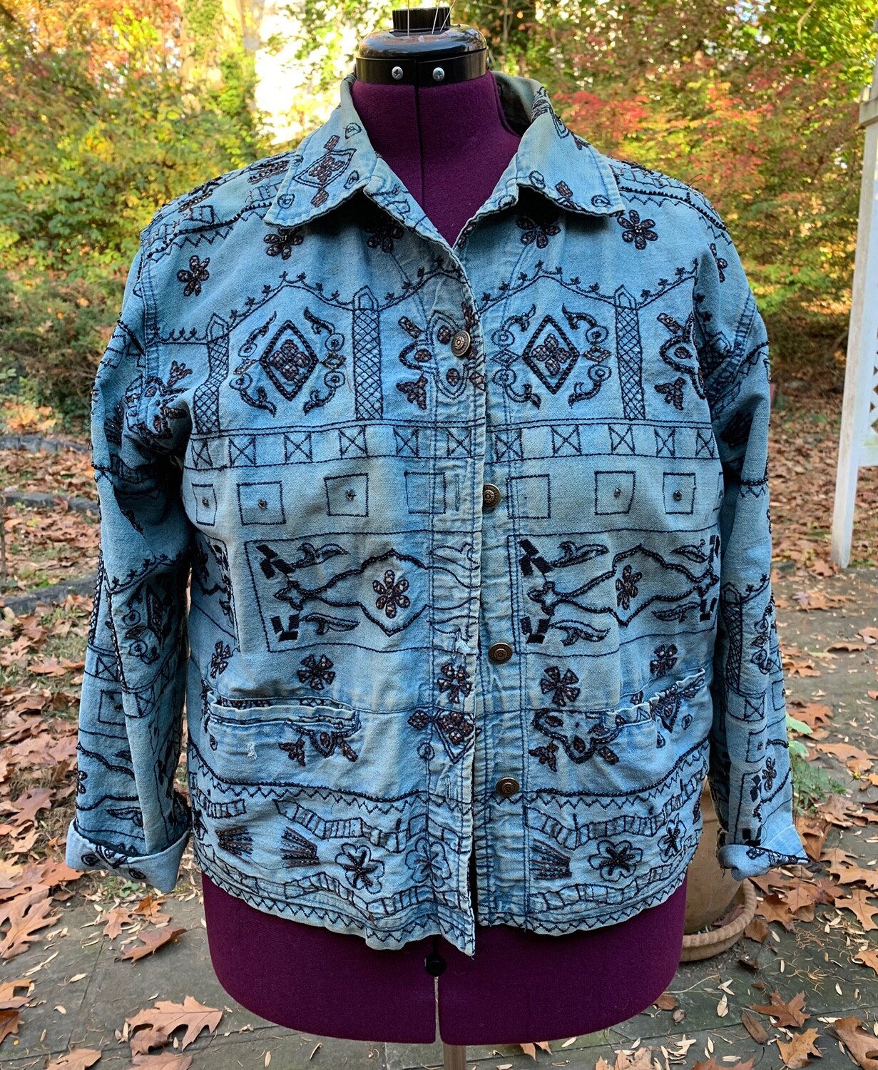 Woman’s Light Blue Denim Jacket with Beads and Embroidery XXL