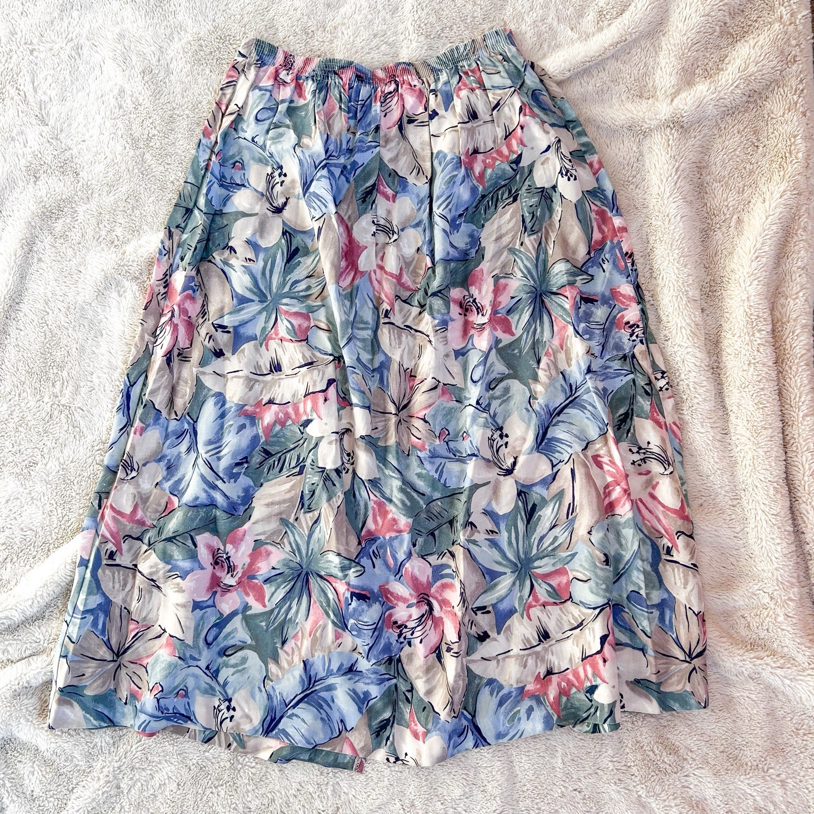 Alfred Dunner Vintage 80s Tropical Floral Skirt in Muted Pink Blue Green Cream