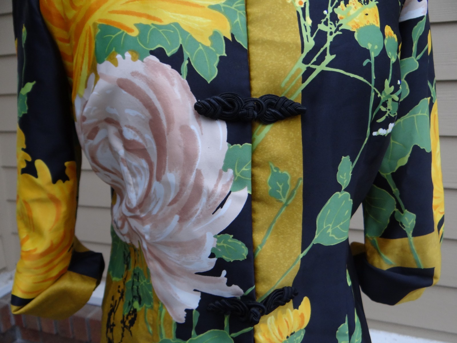 Vtg Alice Of California 1980s Black Yellow Gold Green Asian Style Mandarin Top