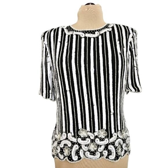 Stenay Vintage 100% Silk Beaded Sequin Top Black White Stripe Floral Scalloped L