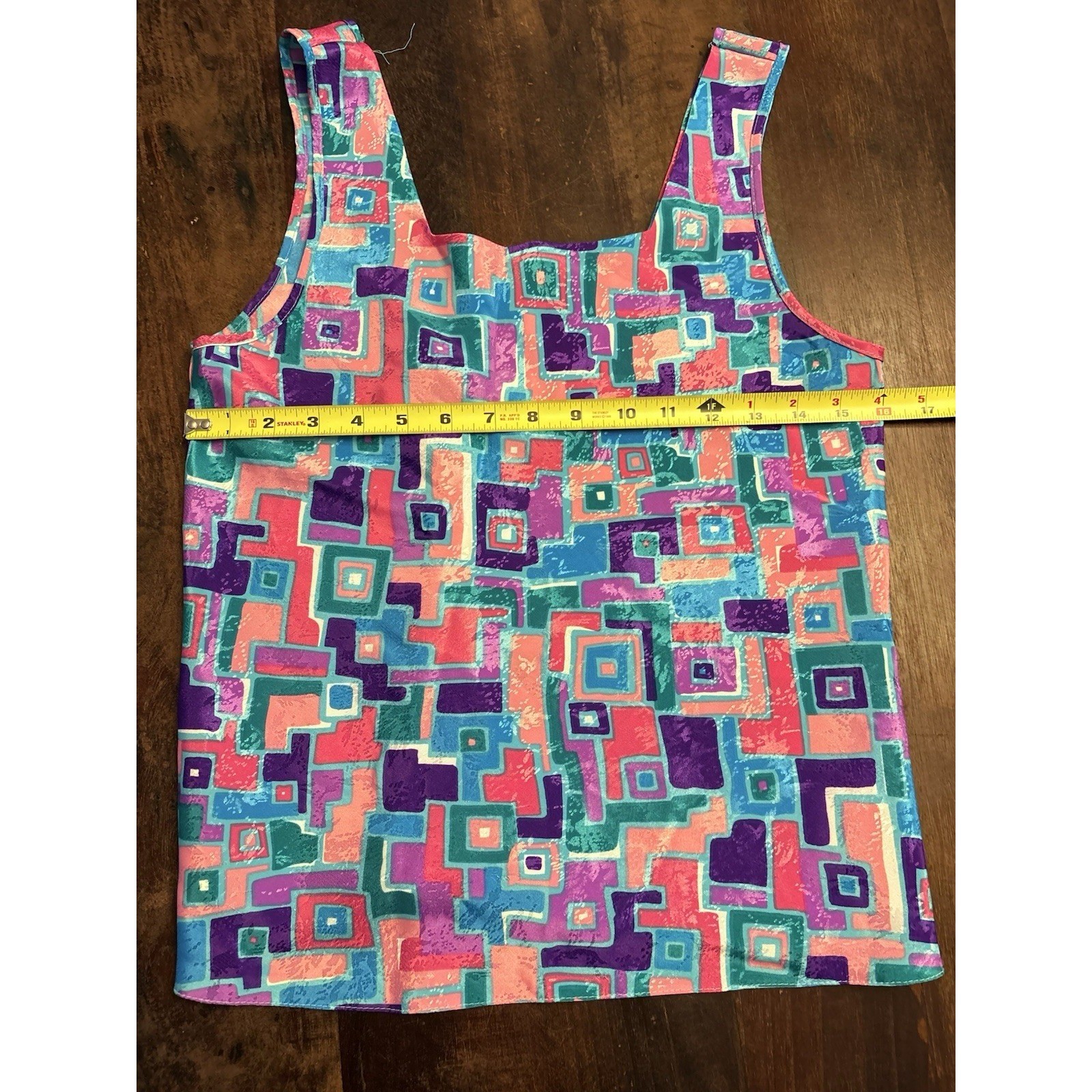 Vintage Geometric Abstract Print Tank Top Pink Purple Teal Sleeveless Shell