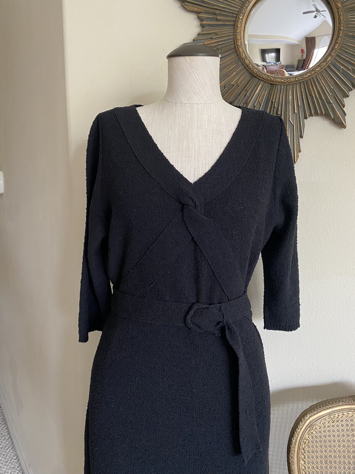 1930s Rare Black Hand-Knit Dress by Marinette w/ Belt