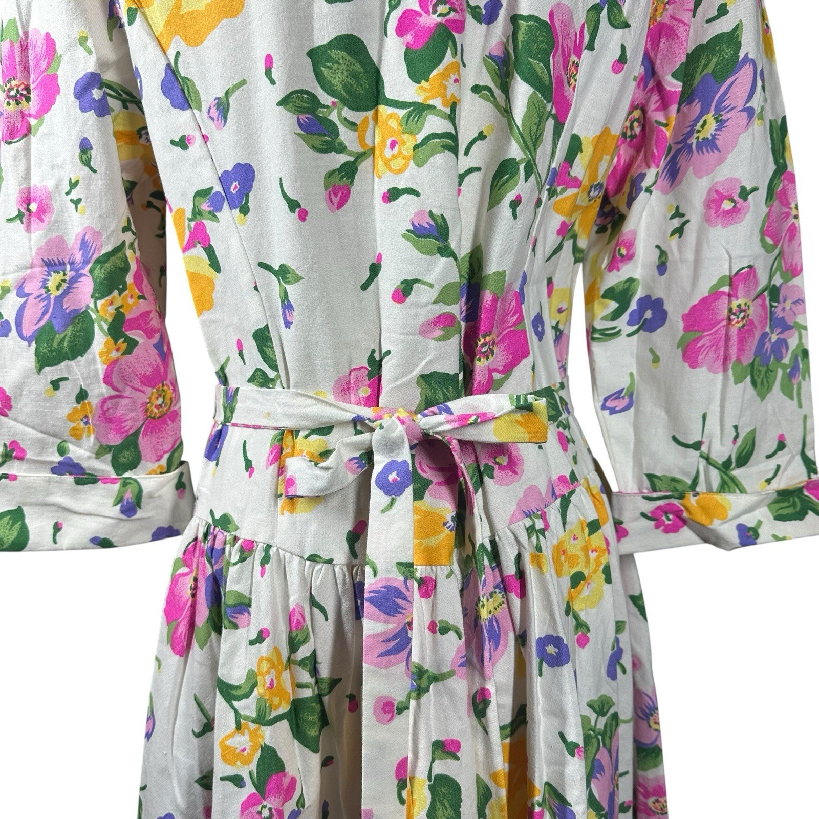 Vtg 80s Cottagecore White Pink Floral Midi Dress Drop Waist Shoulder Pads Sz 12