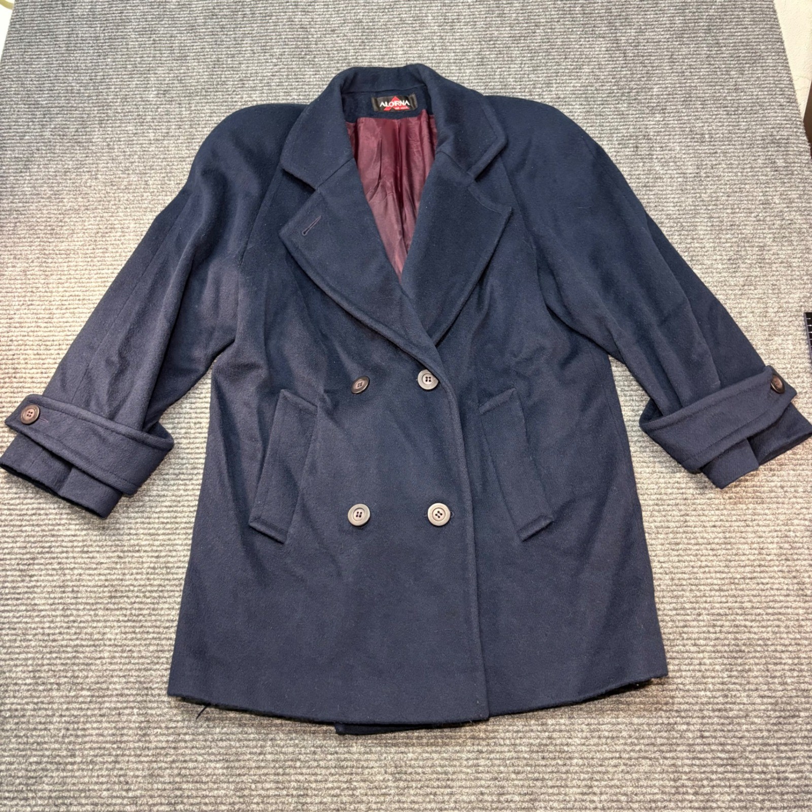 Vintage Alorna Forstmann Navy Wool Blend Pea Coat Made in USA Double Breasted