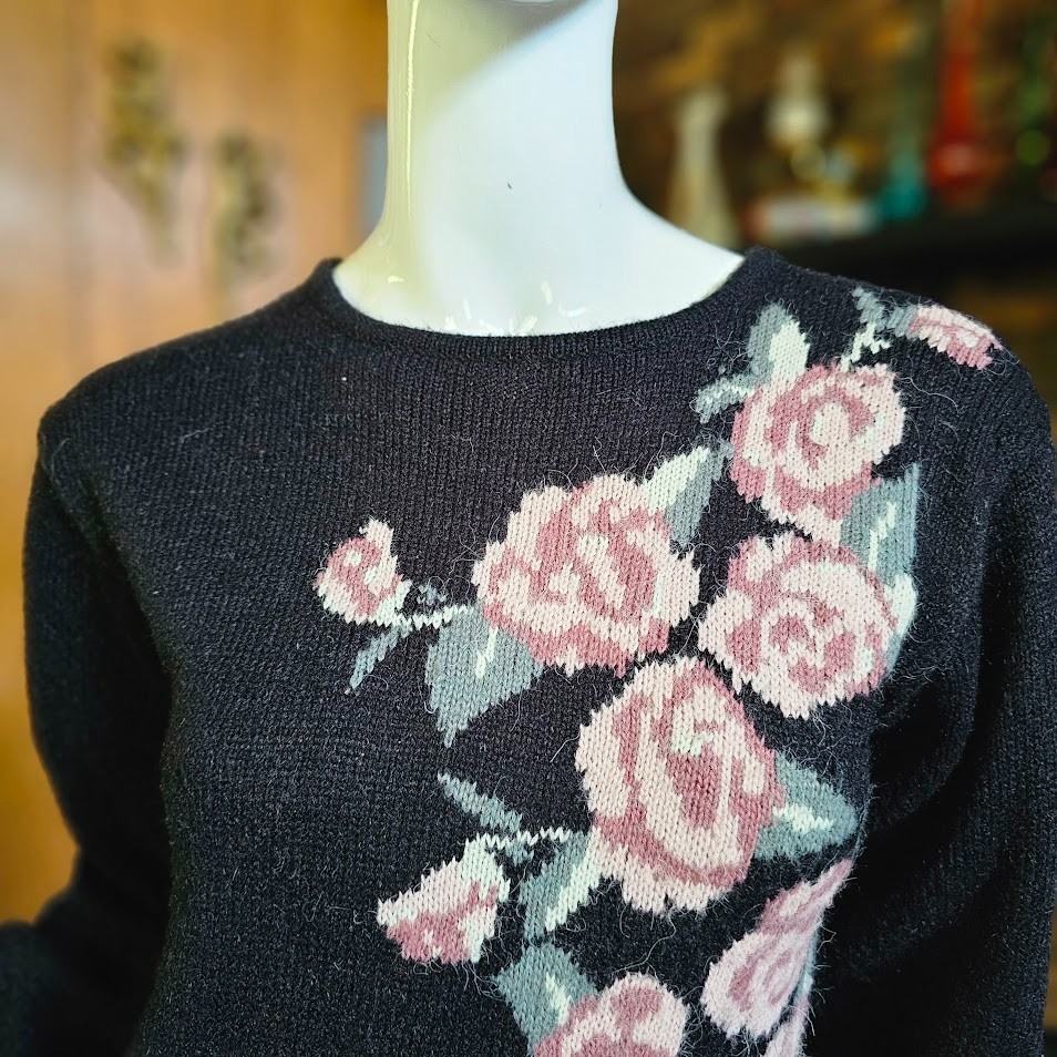 Vtg 80s New Wave Preppy Mall Rat Knit Floral Sweater Wiggle Bodycon Dress M/L