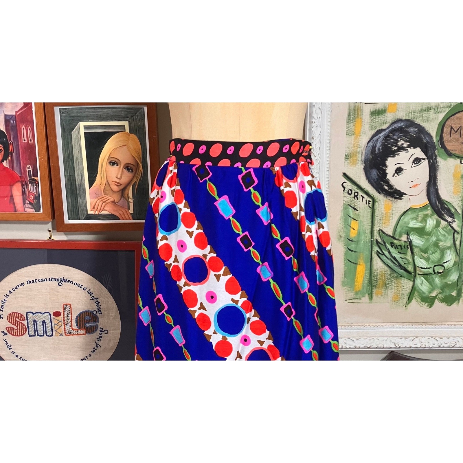Vintage 1960s Alex Colman Maxi Skirt Polished Cotton Abstract Print Small