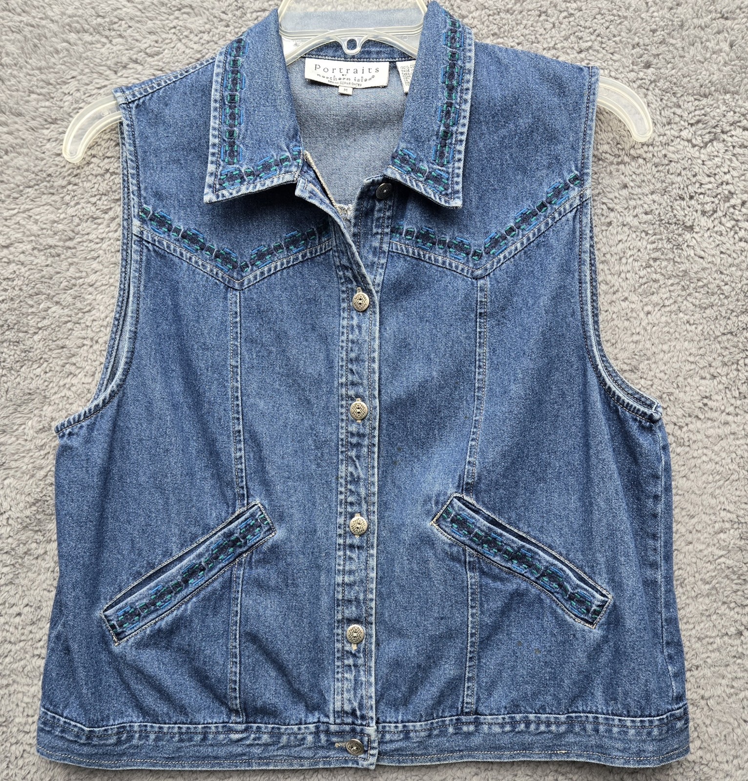 Vintage 90s Portraits by Northern Isles Denim Vest, Braided Trim Western