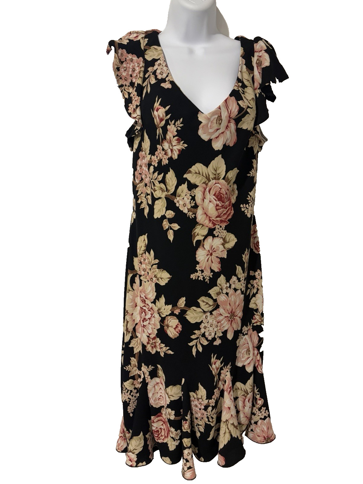 Vtg 90s SL Fashions Trumpet Hem Dress~14~Black Floral Flutter Slvs Bias Cut Midi