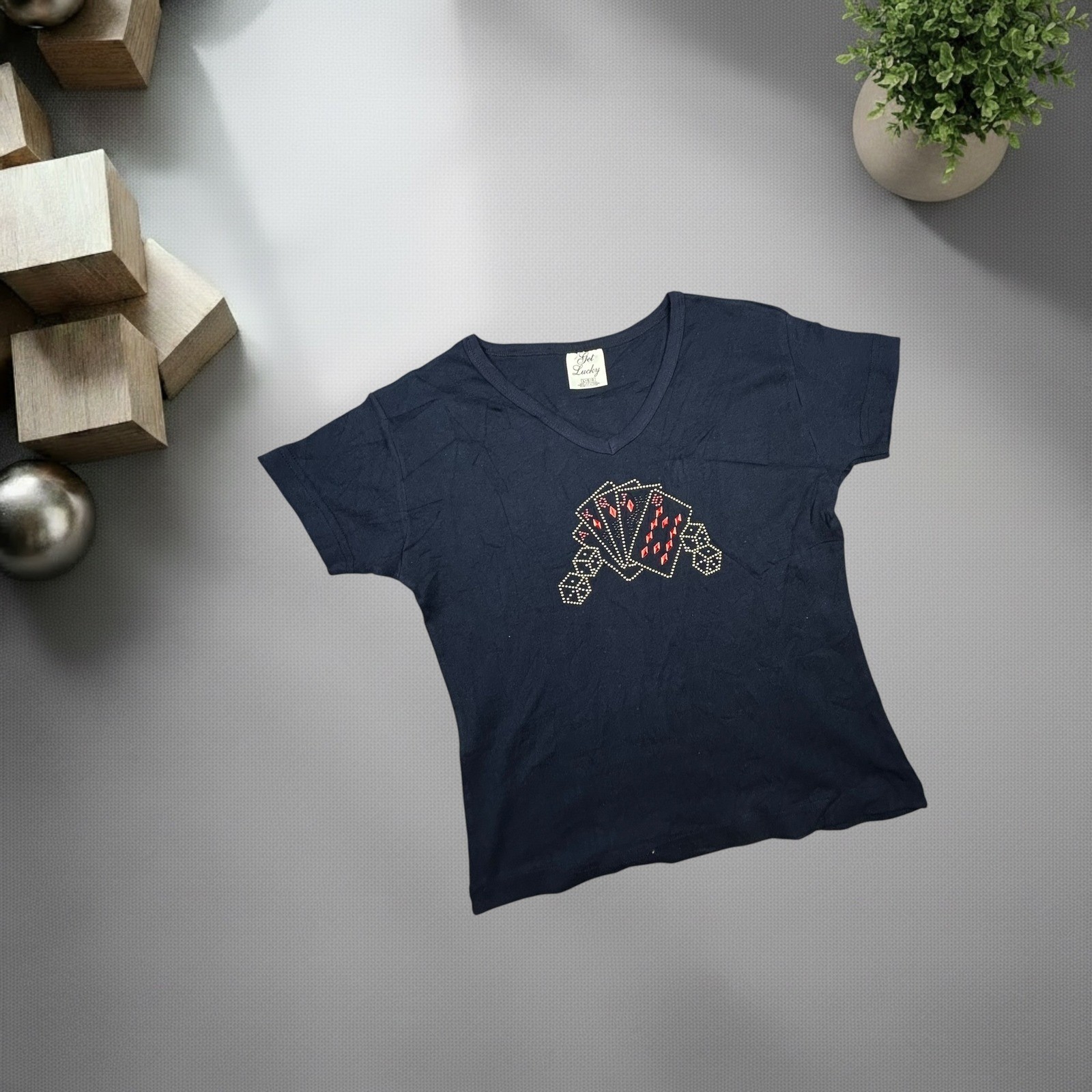 Vintage Get Lucky Navy Blue Rhinestone Playing Cards Dice V-Neck T-Shirt Large