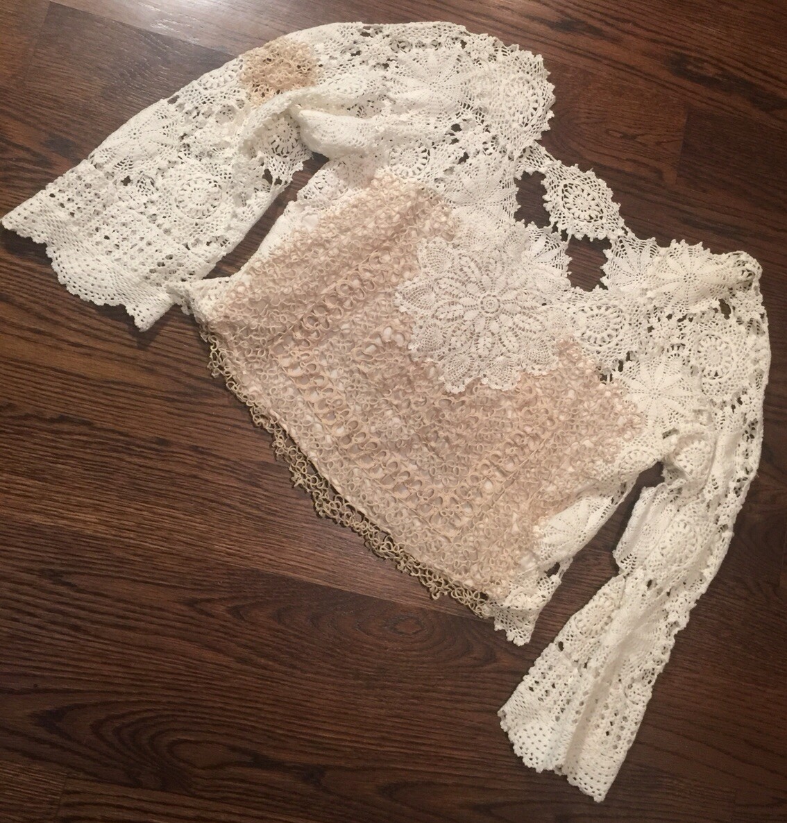 Antique Vtg Handmade M White Crochet Tatted Lace Coquette Top Blouse