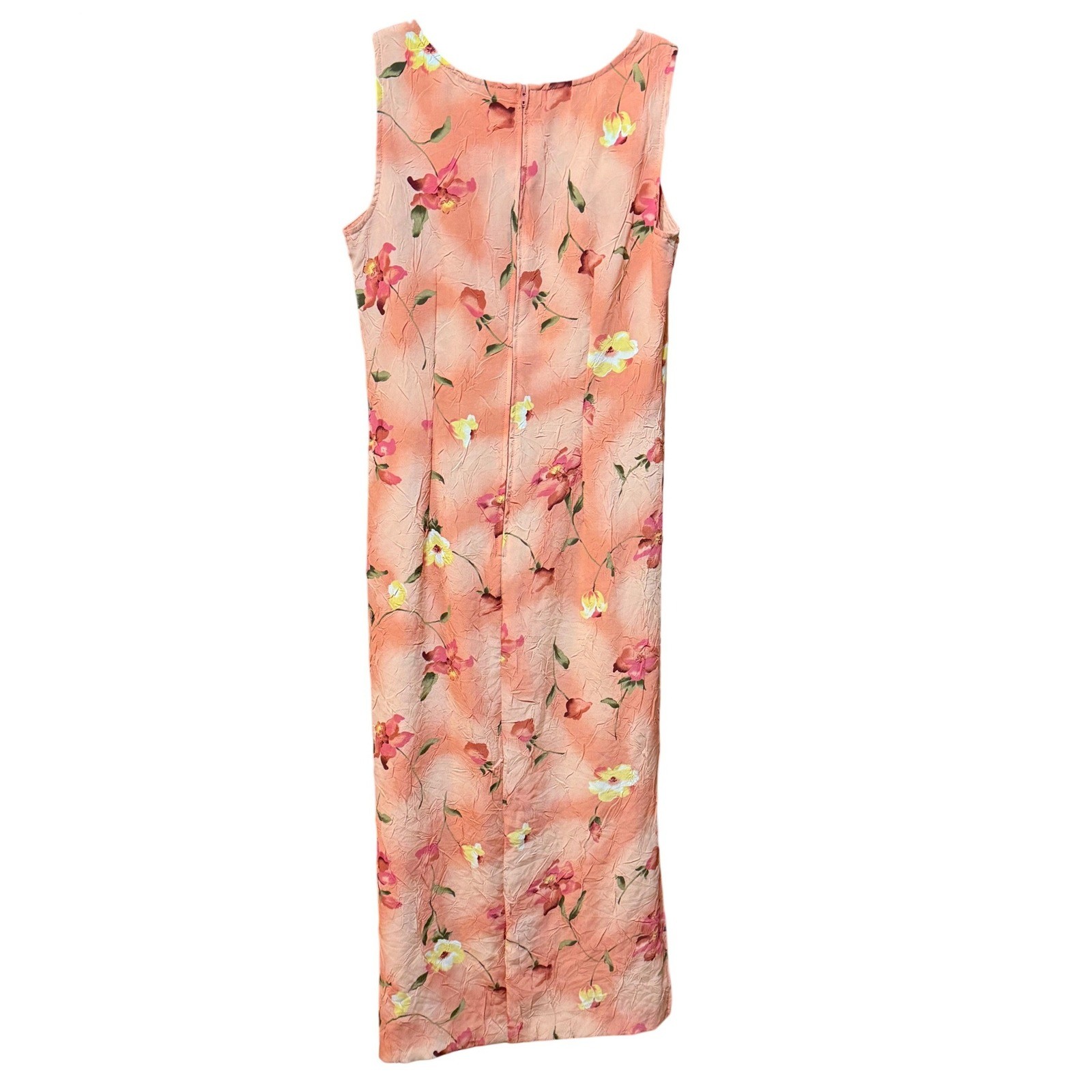 Vintage Peach Floral Crinkle Sleeveless Maxi Dress Pink Yellow Botanical