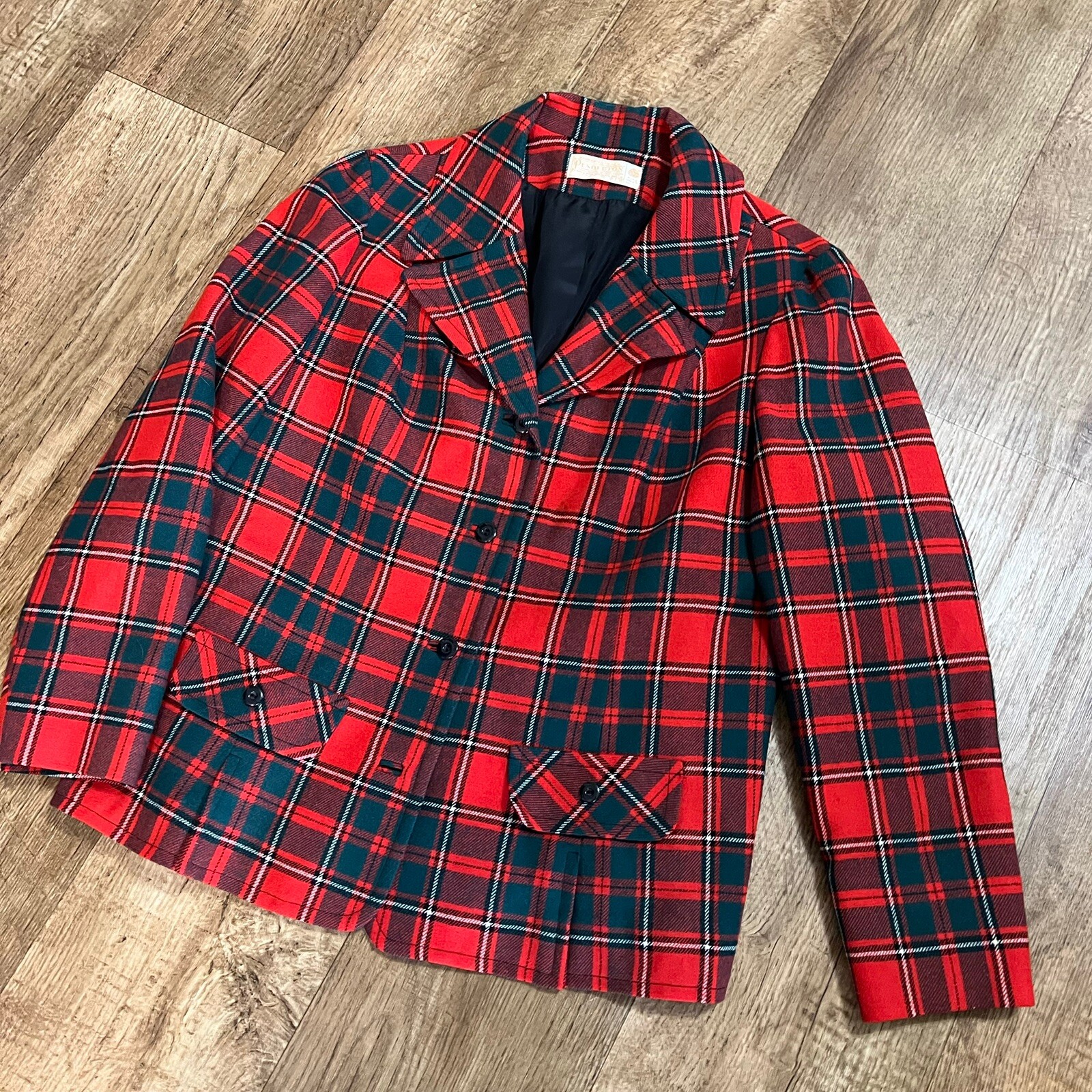Pendleton Vintage 70s Red & Black Tartan 100% Virgin Wool Classic Blazer Size 18