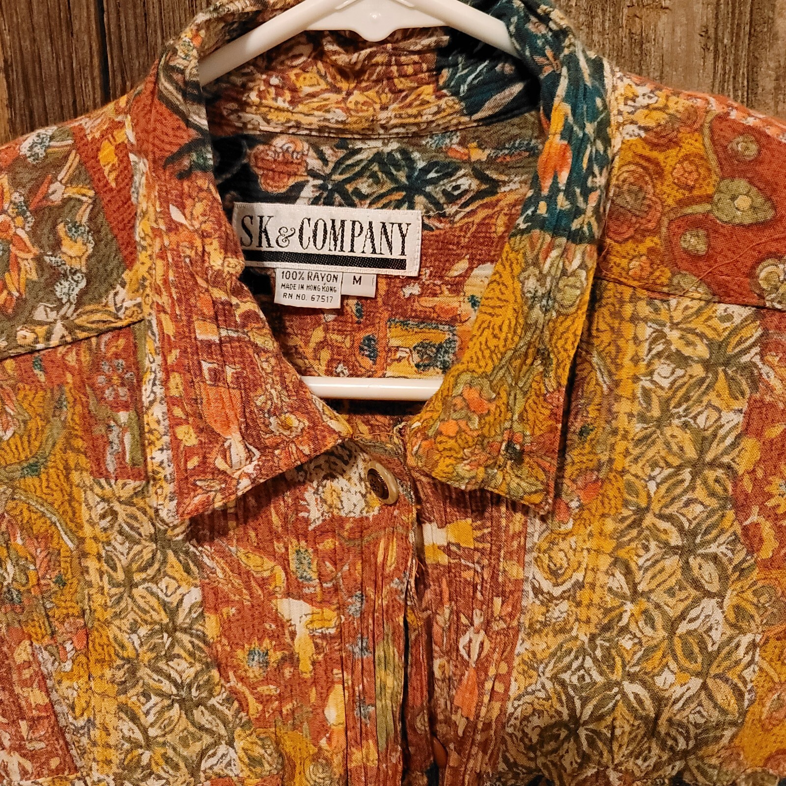 Vintage Sk & Company Blouse Rayon Wrinkle Look Drawstring Button Up Long Sleeve
