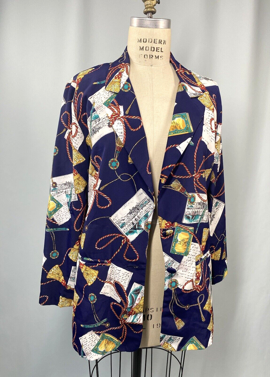 Vintage Women’s Jacket SIZE MEDIUM blue post card writing tassel 80s 90s