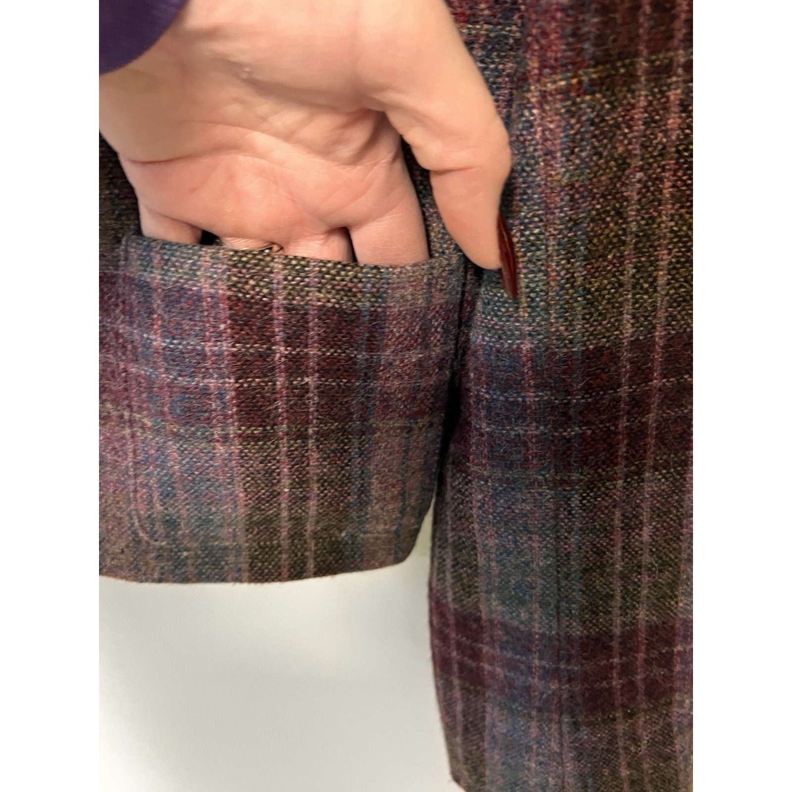 70s Purple Plaid Tweed Wool Blazer Suit Jacket Midi Skirt Size 6 Dark Academia